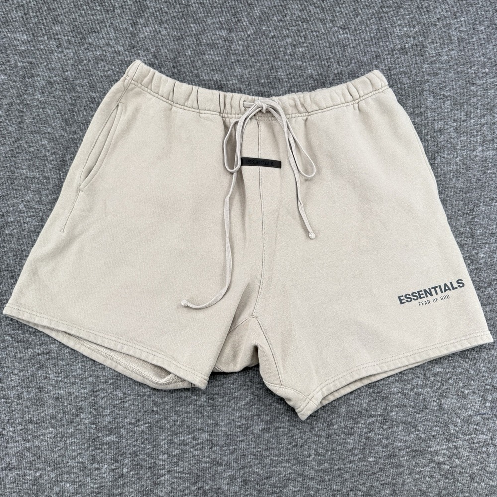 Fear of God Essentials Sweat Shorts Men's XL Tan Rubber Logo Drawstring Fleece